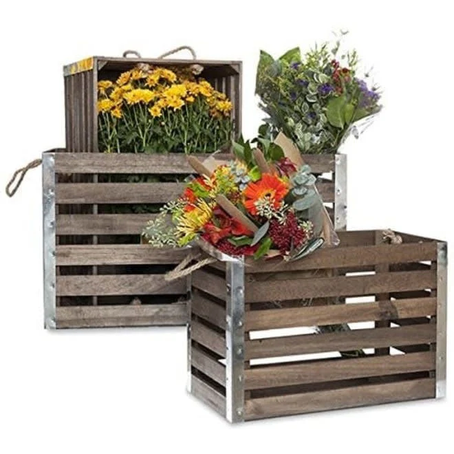 Metal Corners Wood Crate w/ Rope Handles-Medium - Image 2