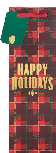 Plaid Happy Holidays Bottle Bag