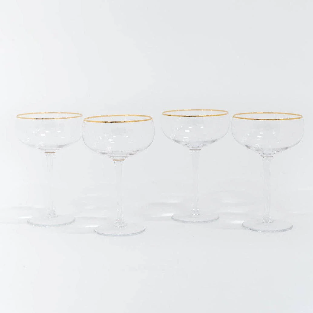 Siren Stemware, Champagne Coupe in Clear and Gold, Set of 4